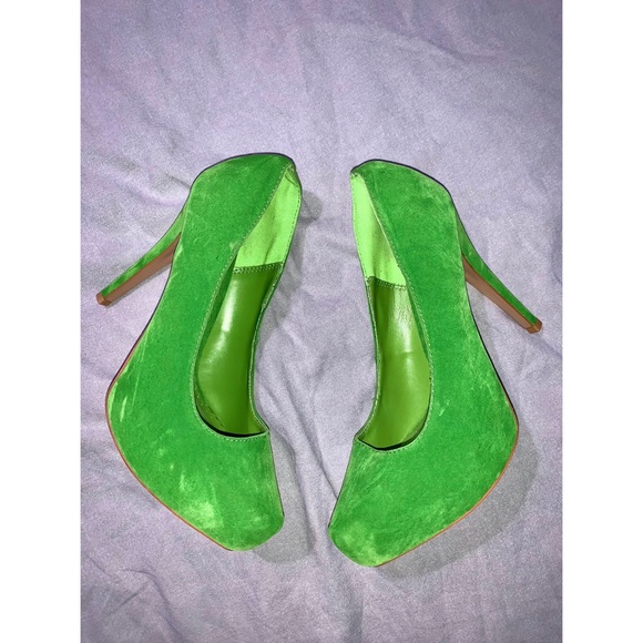Velvet Lime Green Platform Stilettos - Picture 2 of 6